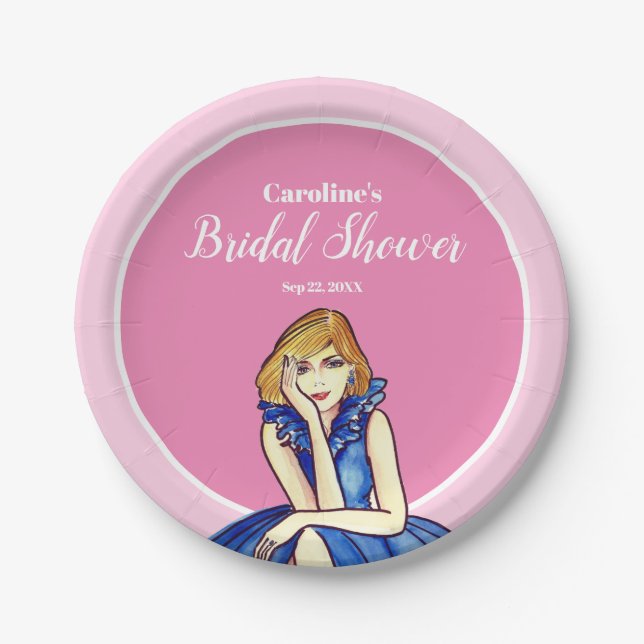 Dark Royal Blue Cocktail Gown Fashion Illustration Paper Plate (Front)