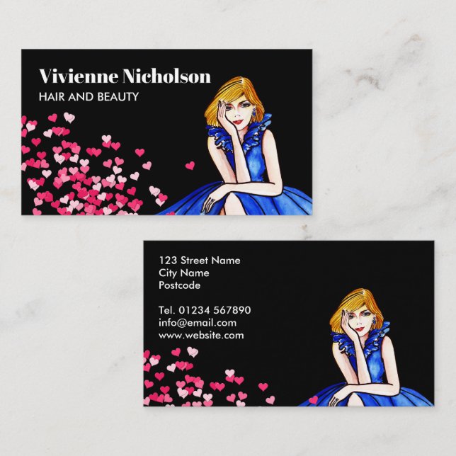 Dark Royal Blue Cocktail Gown Fashion Pink Hearts Business Card (Front/Back)