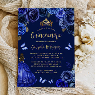 Dark Royal Blue Floral Princess Quinceañera Invitation