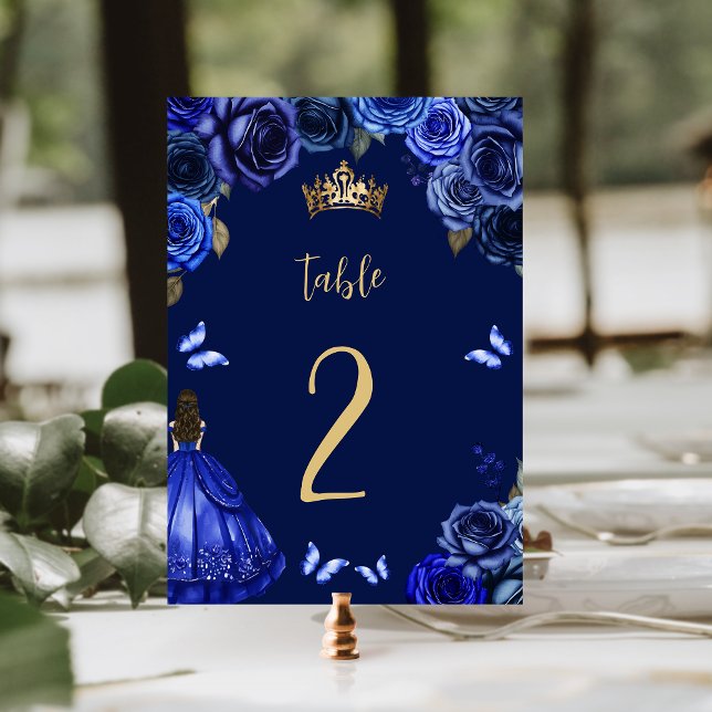 Dark Royal Blue Gold Floral Princess Quinceañera Table Number (Creator Uploaded)
