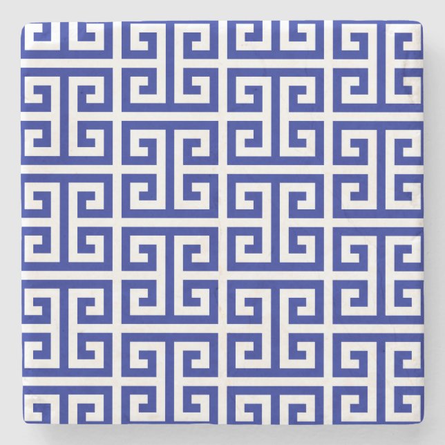 Dark Royal Blue Greek Key Pattern Stone Coaster (Front)