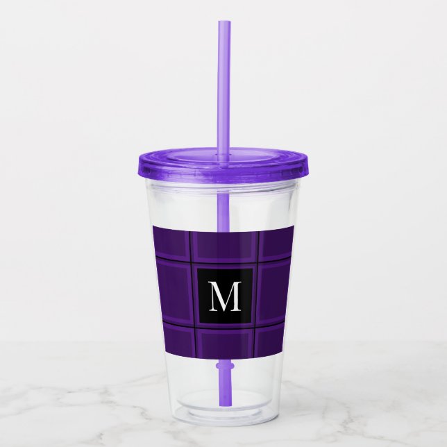 Dark Royal Purple Striped Custom Single Initial Acrylic Tumbler (Front)