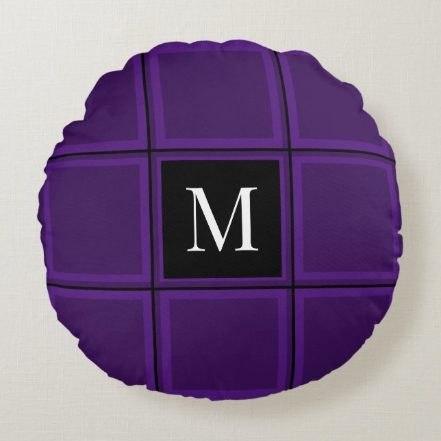 Dark Royal Purple Striped Custom Single Initial Round Cushion (Front)
