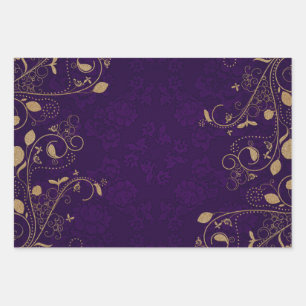 Dark Royal Purple with Gold Scroll Wrapping Paper Sheet