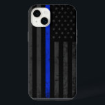 Dark & Rugged Style | Thin Blue Line Police Flag iPhone 14 Plus Case<br><div class="desc">An iPhone tough style or slim fit case featuring a dark and distressed style police thin blue line flag with a vibrant cobalt blue line running through the centre of it. In the background is a faded dark American flag which is subtle enough to fly under the radar, but vivid...</div>