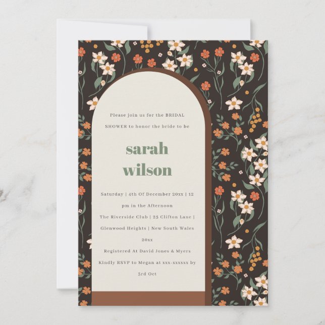 Dark Rust Groovy Retro Arch Floral Bridal Shower  Invitation (Front)