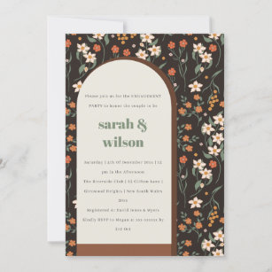 Dark Rust Groovy Retro Arch Floral Engagement Invitation