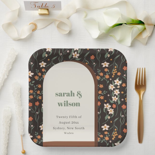 Dark Rust Orange Groovy Retro Arch Floral Wedding Paper Plate (Wedding)