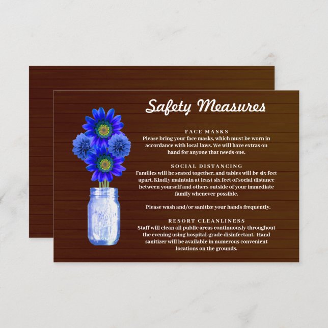 Dark Rustic Blue Floral Mason Jar Safety Measures Enclosure Card (Front/Back)