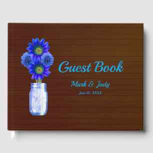 Dark Rustic Blue Floral Mason Jar Wedding Guest Book