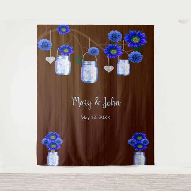 Dark Rustic Blue Floral Mason Jars Photo Backdrop Tapestry (Front)