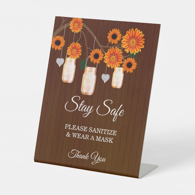 Dark Rustic Orange Floral Mason Jar Wedding Safety Pedestal Sign (Front)