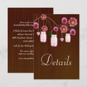 Dark Rustic Pink Floral Mason Jars Wedding Details Enclosure Card