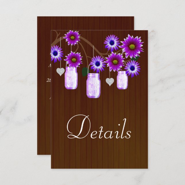 Dark Rustic Purple Floral Mason Jars Details Enclosure Card (Front/Back)