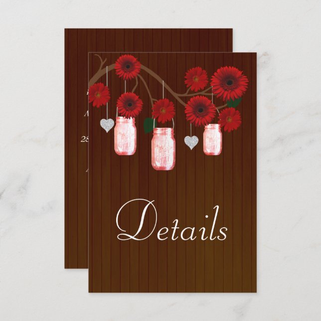 Dark Rustic Red Floral Mason Jars Wedding Details Enclosure Card (Front/Back)