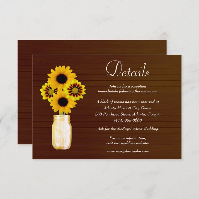 Dark Rustic Yellow Floral Mason Jar Wedding Detail Enclosure Card (Front/Back)