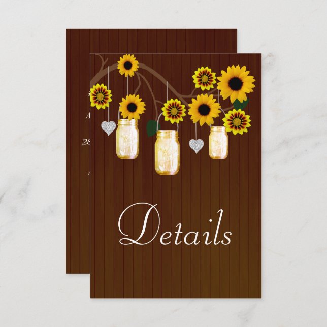 Dark Rustic Yellow Floral Mason Jars Details Enclosure Card (Front/Back)