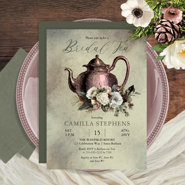 Dark Sage | Dusky Rose Winter Floral Bridal Tea Invitation (Creator Uploaded)