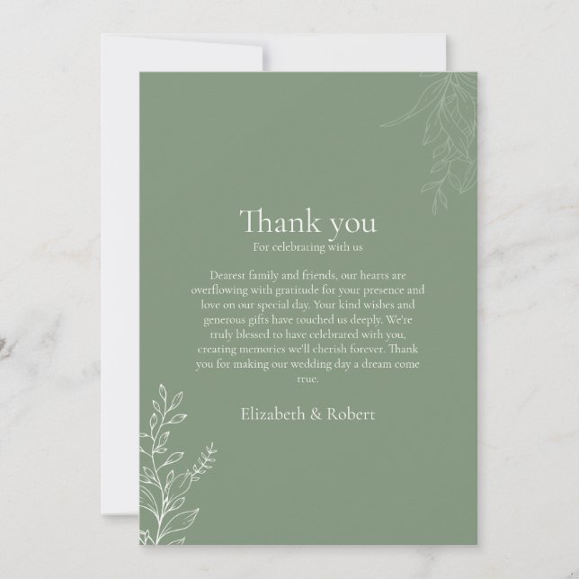 Dark Sage Green Botanical Thank You Card (Front)