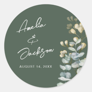 Dark Sage Green Botanical Watercolor Wedding Classic Round Sticker
