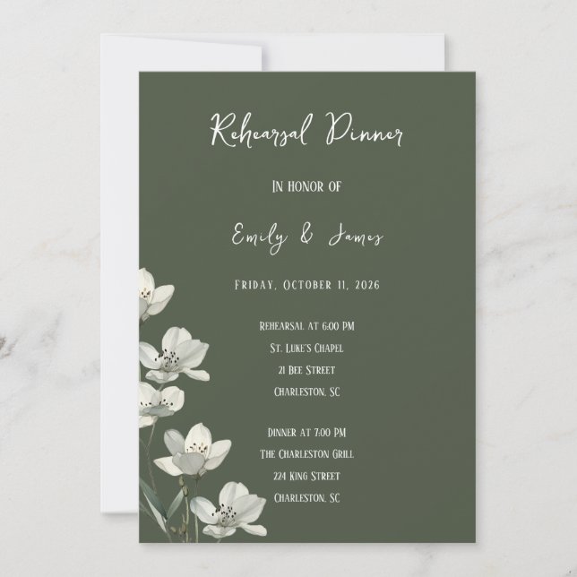 Dark Sage Green Botanical Wedding Invitation (Front)