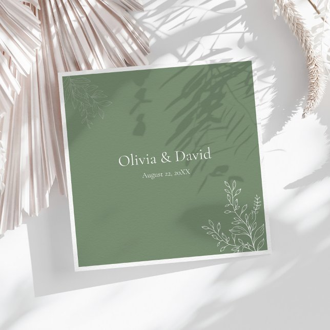 Dark Sage Green Botanical Wedding Napkin (Dark Sage Green Botanical Wedding Napkin on a sunny table with dry white botanicals)