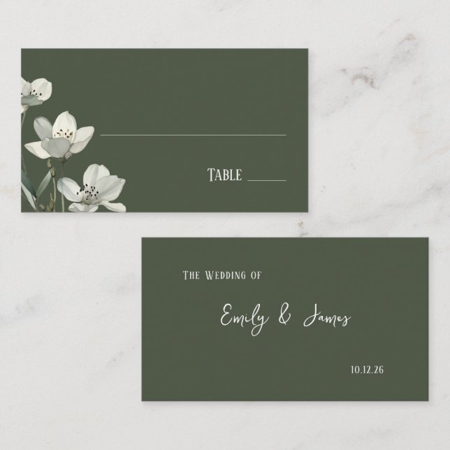 Dark Sage Green Botanical Wedding Place Card (Front/Back)