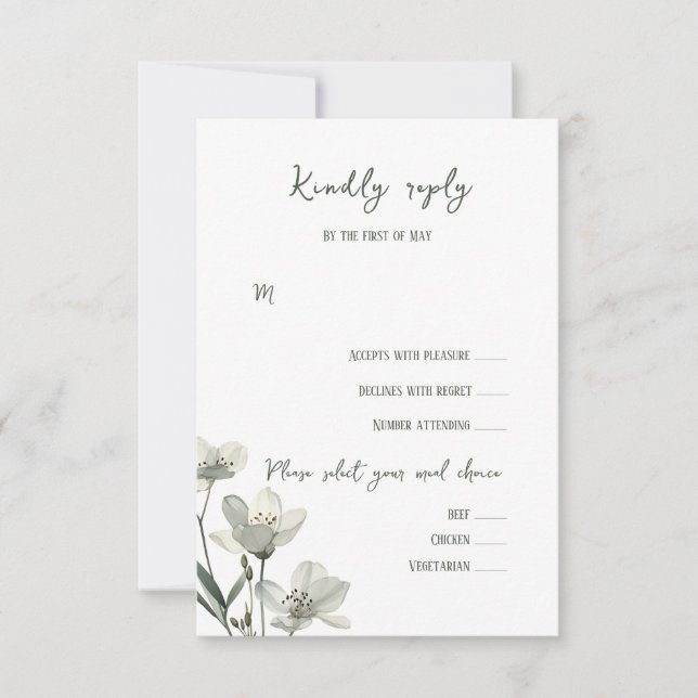 Dark Sage Green Botanical Wedding RSVP Card (Front)