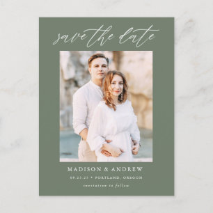 Dark Sage Green Elegant Script Photo Save the Date Announcement Postcard