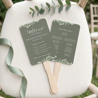 Dark Sage Green Eucalyptus Floral Wedding Ceremony Hand Fan