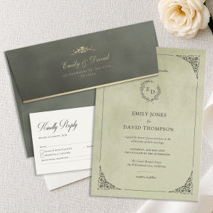 Dark Sage Green & Gold Velvet Wedding Envelope