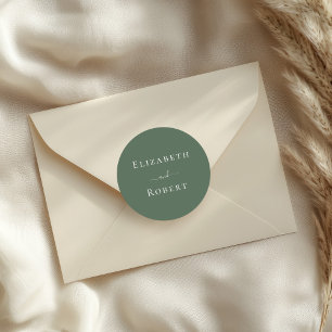 Dark Sage Green Minimalist Couple Names Wedding Classic Round Sticker