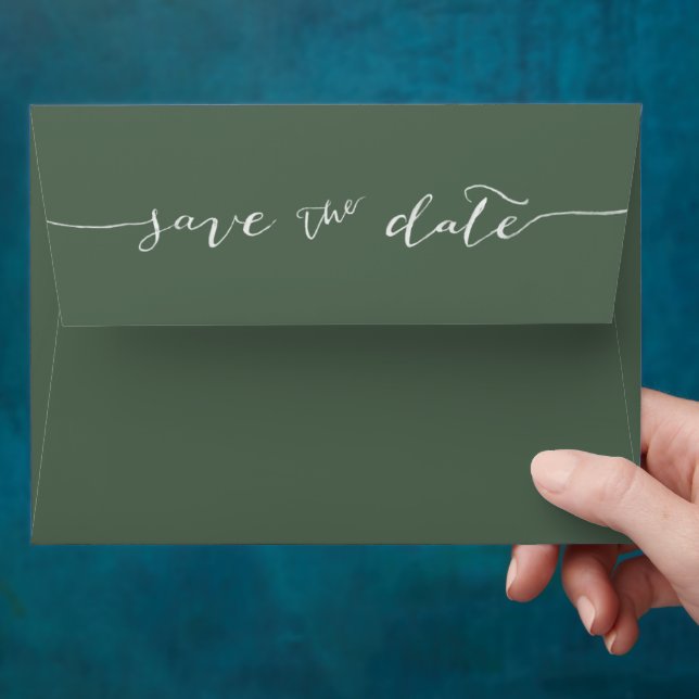 Dark Sage Green Minimalist Save the Date Envelope (Hand)
