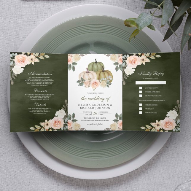 Dark Sage Green Pumpkin Dusty Peach Floral Wedding Tri-Fold Invitation (Creator Uploaded)