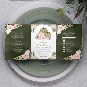 Dark Sage Green Pumpkin Dusty Peach Floral Wedding Tri-Fold Invitation
