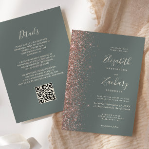 Dark Sage Green Rose Gold Glitter QR Code Wedding Invitation