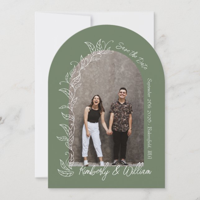 Dark Sage Green White Leaves Arch Save the Date Invitation (Front)
