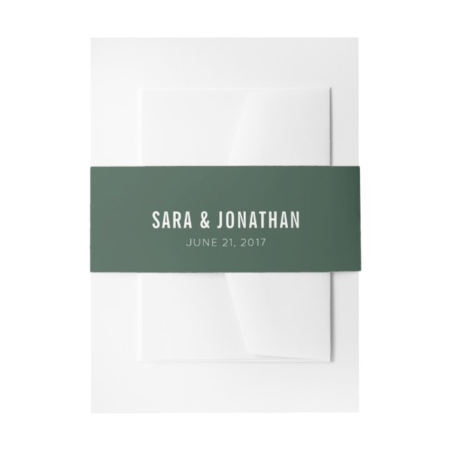 Dark Sage Green White Text Wedding Invitation Belly Band (Front Example)