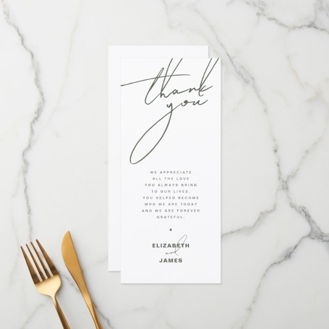 Dark Sage Minimalist Wedding Thank You Place Card (Front/Back In Situ)