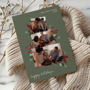Dark Sage Photo Collage with Berries and Greenery Holiday Card