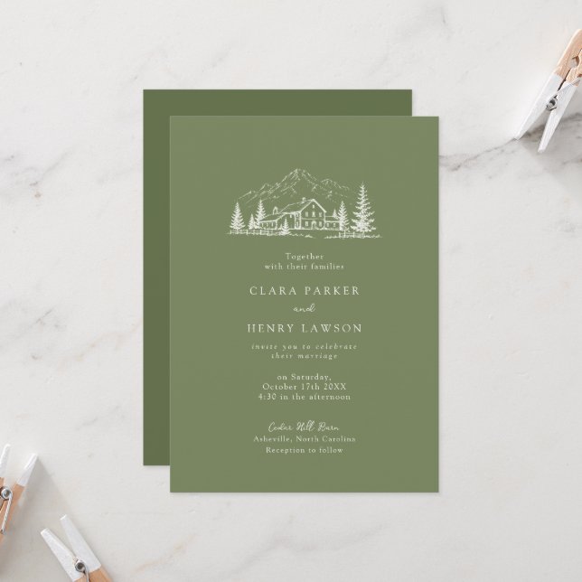 Dark Sage Rustic Mountain Wedding Invitation (Front/Back In Situ)