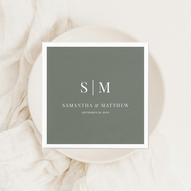 Dark Sage Simple Elegant Couple Initials Wedding Napkin (Dark Sage Green Simple Couple Monogram Wedding Napkin)