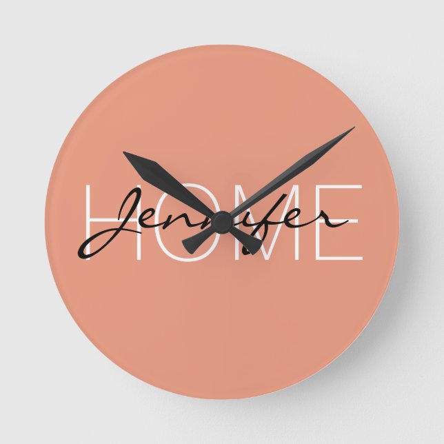 Dark salmon color home monogram round clock (Front)