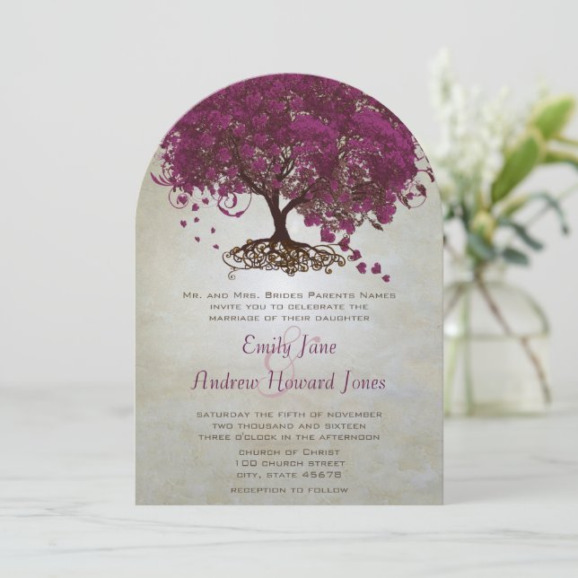 Dark Sangria Heart Leaf Tree Wedding Invites (Standing Front)
