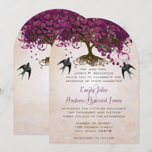 Dark Sangria Heart Leaf Tree Wedding Invites