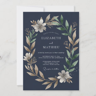 Dark Sapphire Leafy Wedding Invitation
