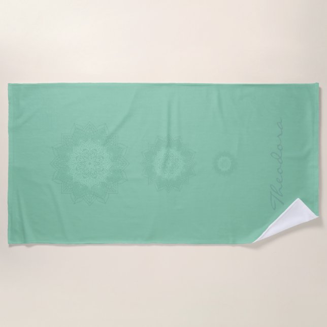 ”Dark Sea Green” Mandala Beach Towel (Front)