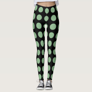 Dark Sea Green on Black Large Horiz. Polka Dots Leggings