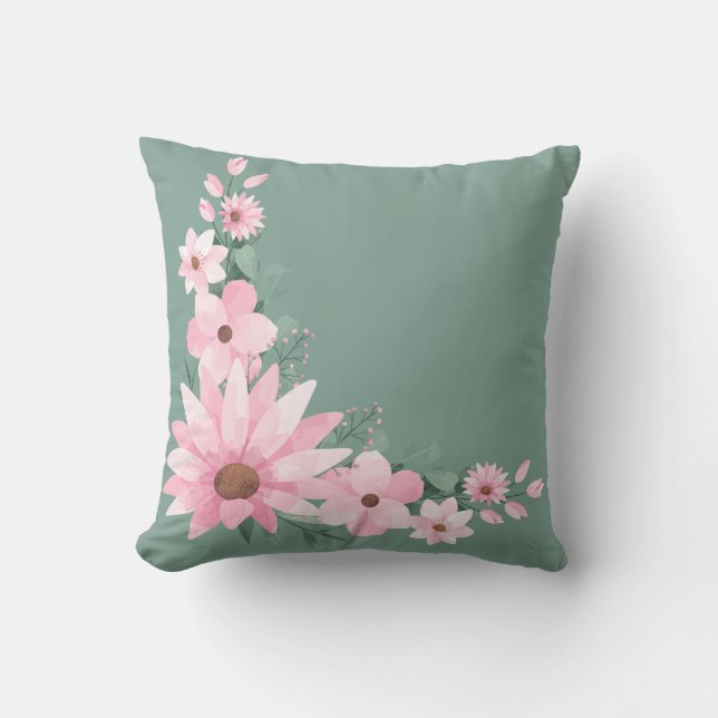 Dark Sea Green & Pink Floral Throw Pillow (Front)