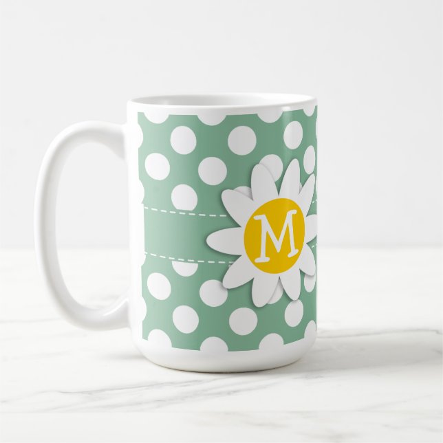 Dark Sea Green Polka Dots; Daisy Coffee Mug (Left)